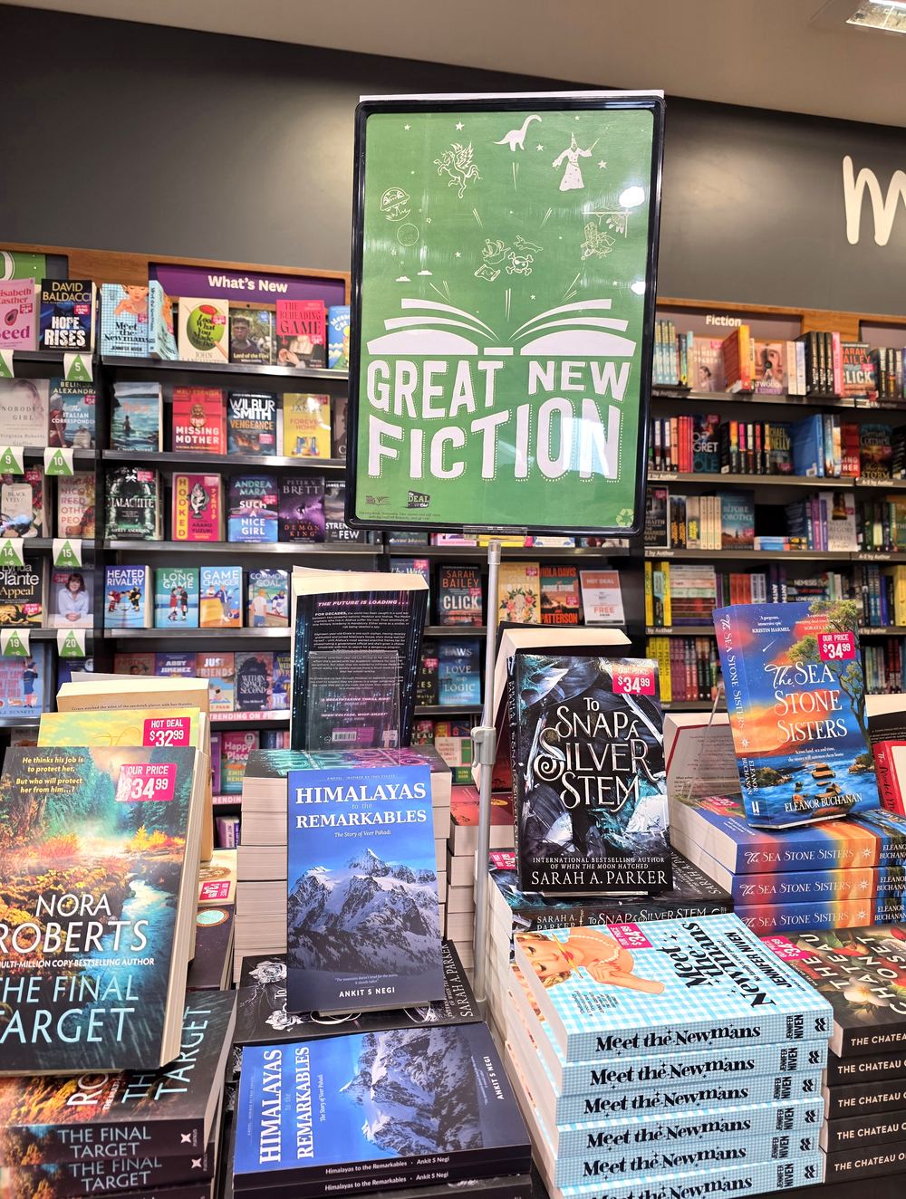 Himalayas to the Remarkables displayed on the Great New Fiction table in a New Zealand bookshop